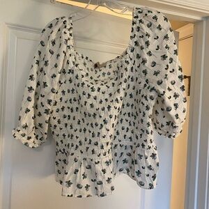 Loft Floral White and Green Smocked Top